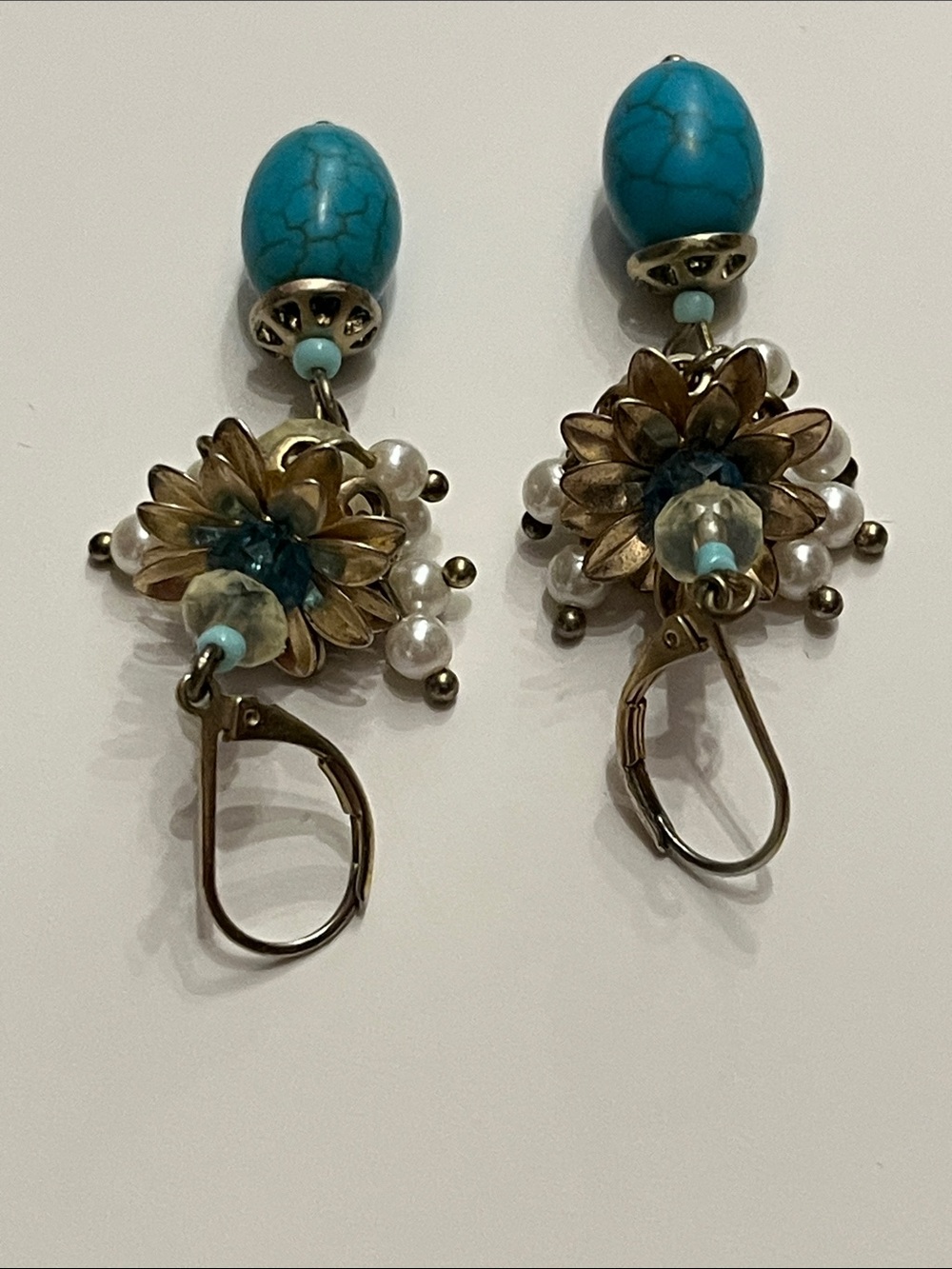 Talbots Turquoise Cluster Drop Earrings with Faux Pearls and Crystal Beads - Picture 10 of 12